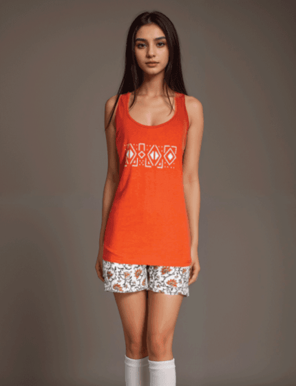 Solid Cotton Top with Printed Bottom