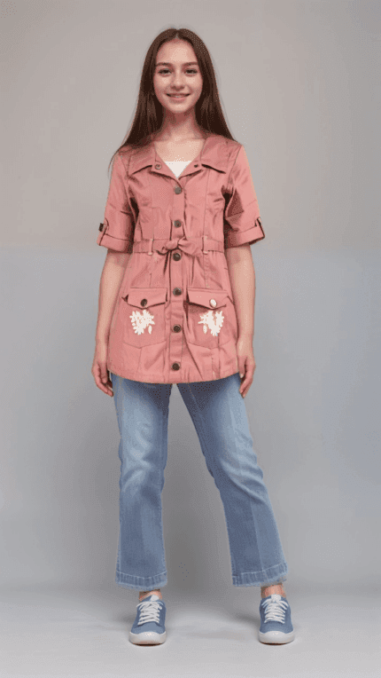 Kids’ Solid Top with Buttons & Embroidery – Soft & Elegant