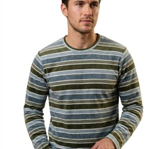 American male model wearing a green and blue striped long-sleeve velour t-shirt against a clean white background.