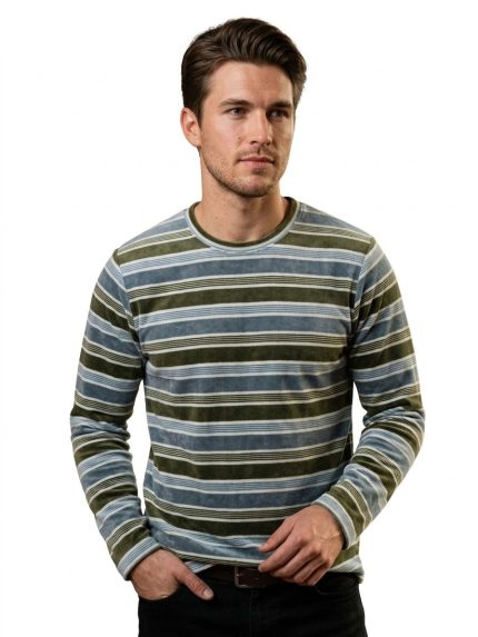American male model wearing a green and blue striped long-sleeve velour t-shirt against a clean white background.