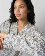 Women wearing classic grey blue floral viscose long pyjama set with button.