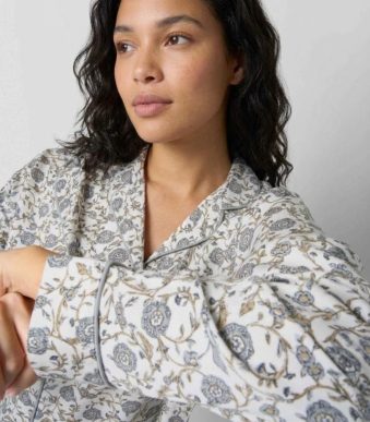 Women wearing classic grey blue floral viscose long pyjama set with button.