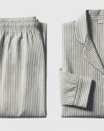 Women's green striped viscose pajama set with button-down shirt and full-length trousers