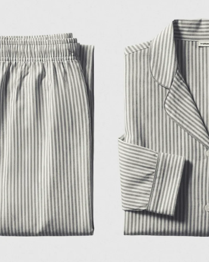 Women's green striped viscose pajama set with button-down shirt and full-length trousers