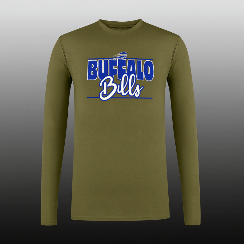 Olive Green Buffalo Bills Unisex Long Sleeve Cotton T-Shirt with Blue and White Graphic Print