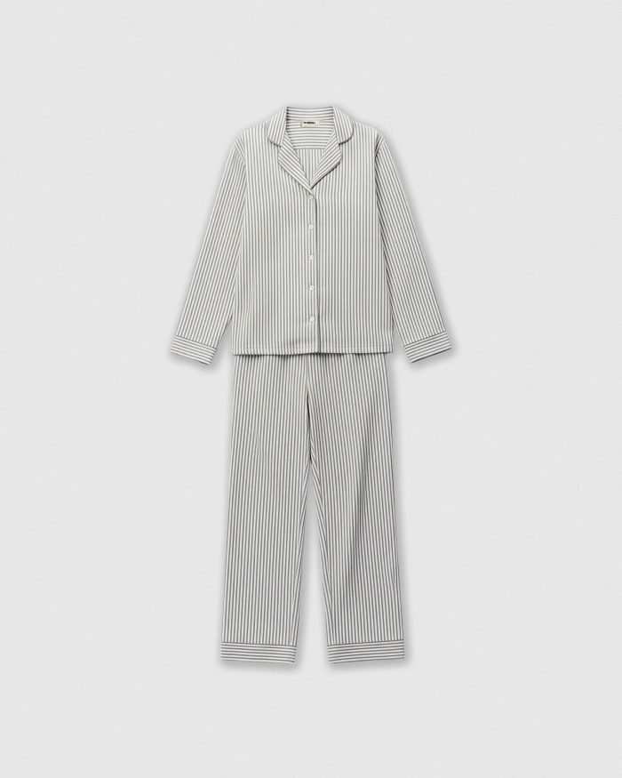 Women's green striped viscose pajama set with button-down shirt and full-length trousers