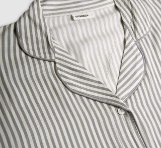 Women's green striped viscose pajama set with button-down shirt and full-length trousers