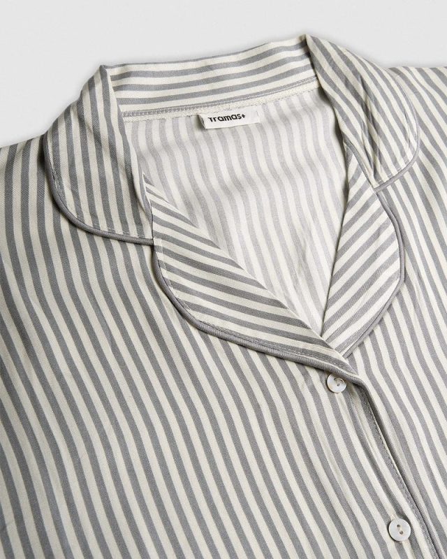 Women's green striped viscose pajama set with button-down shirt and full-length trousers