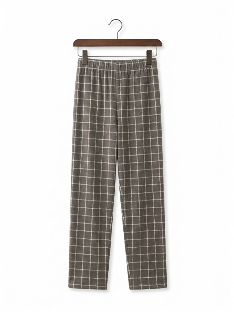 Women's fleece pajama set with dusty mauve full-sleeve sweatshirt and gray-brown checkered pants.