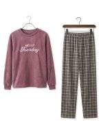 Women's fleece pajama set with dusty mauve full-sleeve sweatshirt and gray-brown checkered pants.