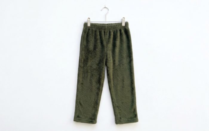 Freeland Galleria Olive Green Fleece Fabric pant hanging.