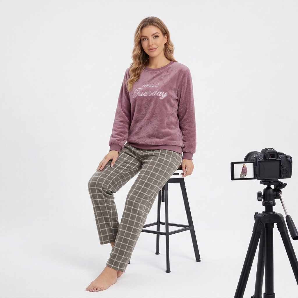 Women's fleece pajama set with dusty mauve full-sleeve sweatshirt and gray-brown checkered pants.