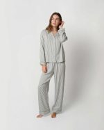 Women's green striped viscose pajama set with button-down shirt and full-length trousers