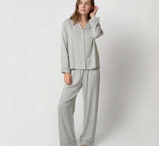 Women's green striped viscose pajama set with button-down shirt and full-length trousers