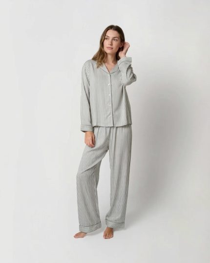 Women's green striped viscose pajama set with button-down shirt and full-length trousers