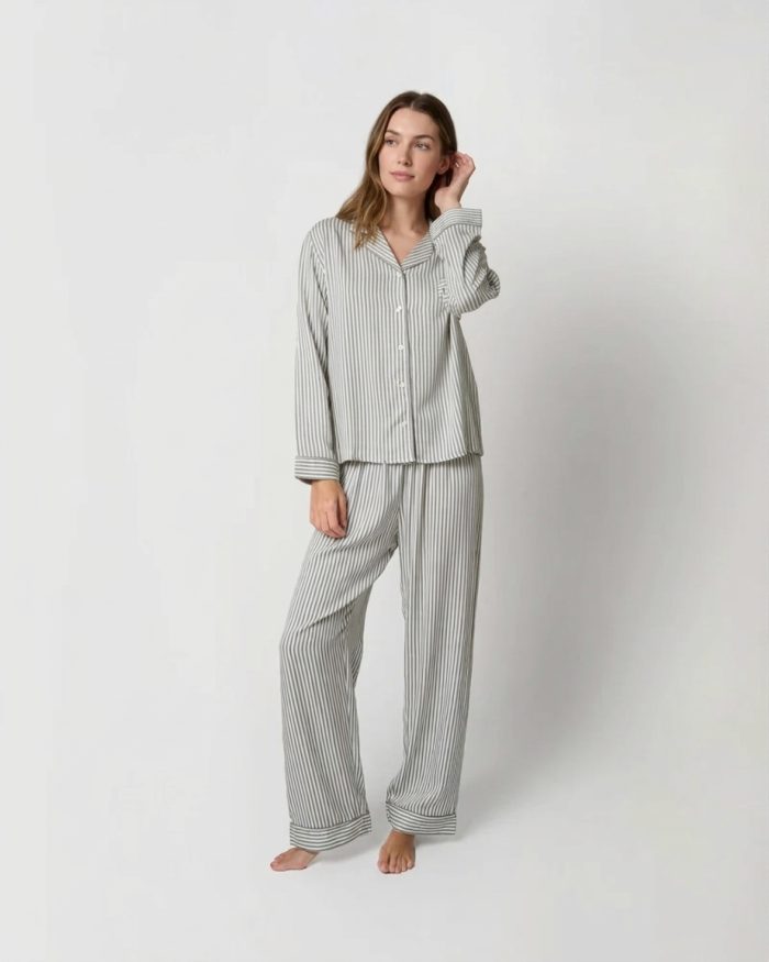 Women's green striped viscose pajama set with button-down shirt and full-length trousers