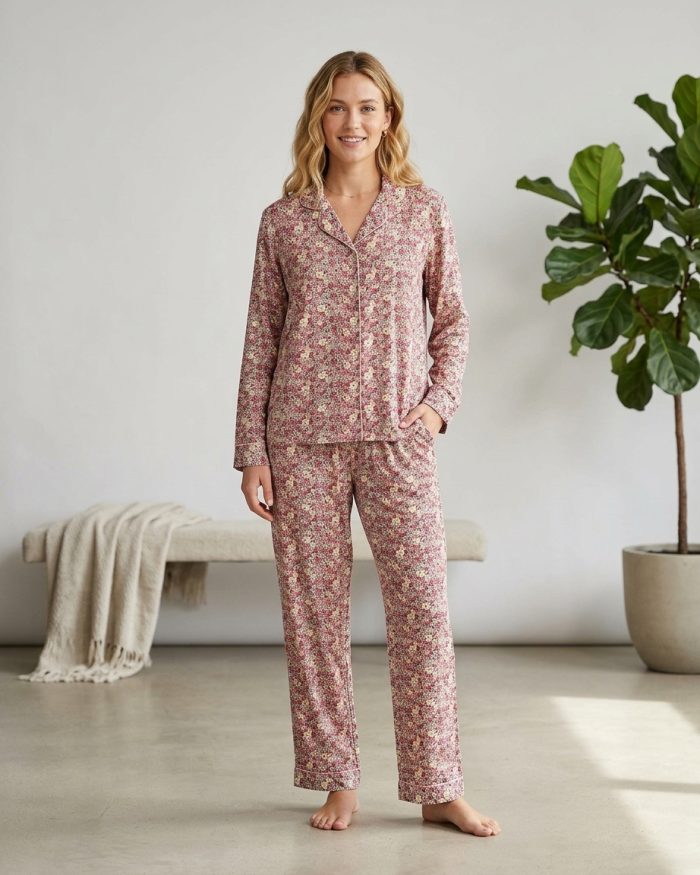 Women’s 2-Piece Viscose Pajama Set – Indulgent Long Sleeve Button-Down Shirt & Pants Sleepwear in Malvarosa Floral. - Image 1